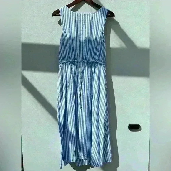 Beach Lunch Lounge Striped Midi Dress Small White & Blue Euro Summer Small - Picture 2 of 9